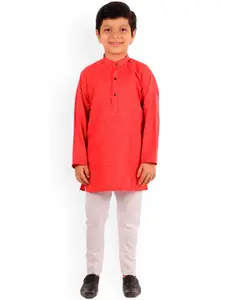 Superminis Boys Red Embroidered Regular Pure Cotton Kurta with Pyjamas