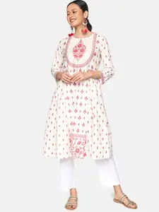 Global Desi Women White & Red Floral Printed Floral Kurta