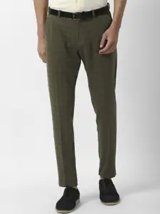 Louis Philippe Sport Men Olive Green Checked Slim Fit Trousers