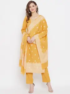 Safaa Women Yellow & Off White Ethnic Motifs Woven Cotton Blend Unstitched Dress Material