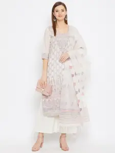 Safaa Women White & Pink Organic Cotton Unstitched Dress Material With Dupatta