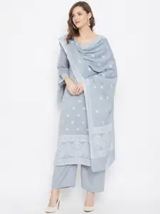 Safaa Women Grey Cotton Jacquard Chikankari Unstitched Suit With Dupatta