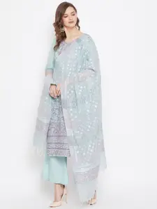 Safaa Women Sea Green & Pink Ethnic Motifs Woven Organic Cotton Unstitched Dress Material