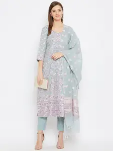 Safaa Women Blue & Grey Unstitched Organic Cotton Dress Material With Dupatta