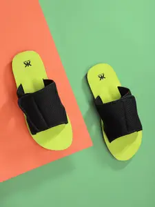 Kook N Keech Women Black & Fluorescent Green Slip-On Flip-Flops