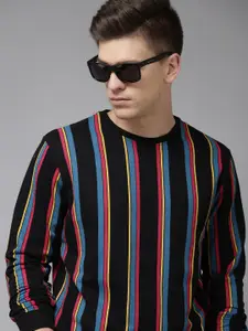 BEAT LONDON by PEPE JEANS Men Black Multi Or Variegated Stripes Pure Cotton Sweatshirt