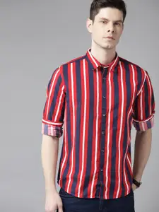 BEAT LONDON by PEPE JEANS Men Red & Navy Blue Pure Cotton Slim Fit Striped Casual Shirt