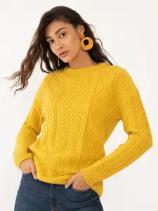 Zink London Women Yellow Self Design Acrylic Pullover