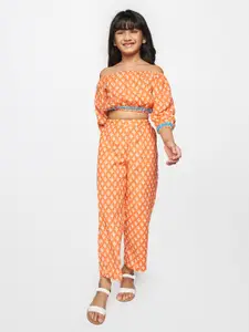 Global Desi Girls Orange & White Printed Top with Trousers