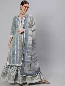 Ishin Blue & Grey Printed Gotta Patti Pure Cotton Kurta with Skirt & With Dupatta
