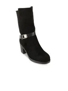 SHUZ TOUCH Black PU Block Heeled Boots with Buckles