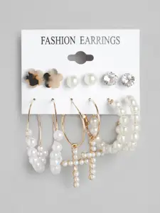 Jewels Galaxy Set of 6 White & Gold-Toned Classic Stud & Hoop Earrings