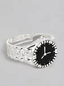 Jewels Galaxy Black Silver-Plated Clock Shaped Adjustable Finger Ring