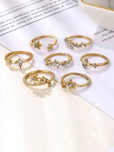 Jewels Galaxy Set of 7 Gold-Plated Stone-Studded Finger Rings