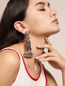 Sangria Pink Oxidised Silver-Plated Stone Studded Drop Earrings