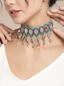 Sangria Green & Blue Beaded Mirror Work Choker Necklace