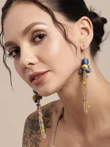 Sangria Yellow & Blue Gold-Plated Beaded Tasselled Contemporary Drop Earrings