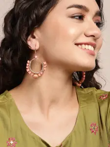 Sangria Pink Gold-Plated Stone Studded & Beaded Circular Drop Earrings