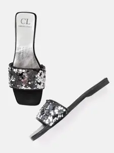 Carlton London Women Gunmetal-Toned Sequinned Open Toe Flats