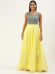 Ethnovog Yellow  Grey Ethnic Motifs Embroidered Layered Maxi Dress