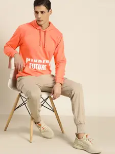 ether Men Peach-Coloured & White Typography Print Hooded Sweatshirt