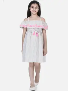 StyleStone Beige & Pink Striped Off-Shoulder Embroidered Dress