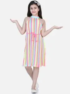 StyleStone Girls Yellow & Pink Striped Crepe A-Line Dress