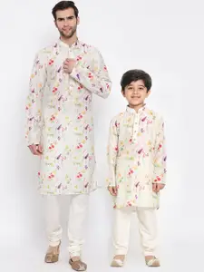 VASTRAMAY Boys Cream-Coloured Floral Printed Regular Kurta with Churidar