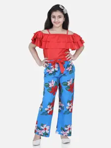StyleStone Girls Red & Blue Floral Printed Off-Shoulder Top with Trousers