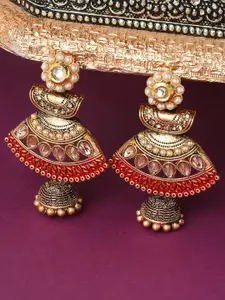 OOMPH Red & Gold-Toned Floral Jhumkas Earrings