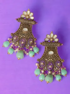 OOMPH Gold-Plated Gold-Toned Green Kundan Contemporary Drop Earrings