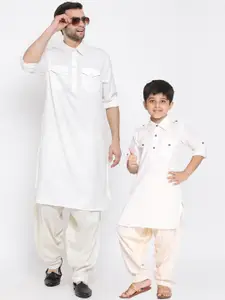 VASTRAMAY Boys Cream-Coloured Cotton Blend Pathani Kurta with Patiala