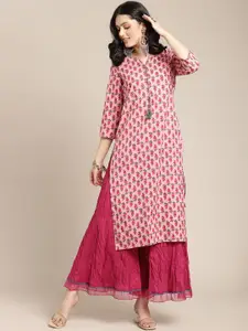 Varanga Women Pink & Olive Green Floral Printed Straight Cotton Kurta