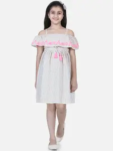 StyleStone Girls Beige & Pink Embroidered Striped Off-Shoulder Dress