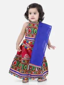 BownBee Girls Red & Navy Blue Embroidered Ready to Wear Lehenga & Blouse With Dupatta
