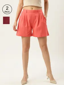 Molcha Set of 2 Women Maroon& Peach Regular Shorts