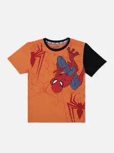 Kids Ville Boys Orange Spiderman Printed T-shirt