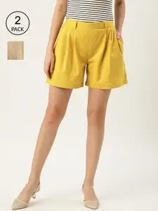 Molcha Set of 2 Women Beige& Yellow Regular Shorts