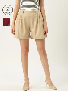 Molcha Women Pack of 2 Beige & Maroon Regular Cotton Shorts