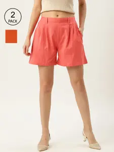 Molcha Women Pack of 2 Rust & Pink Regular Cotton Shorts