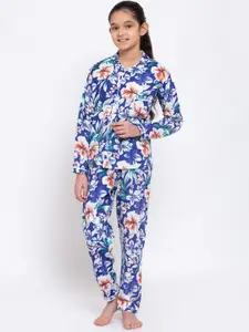 KLOTTHE Girls Blue & White Floral Printed Cotton Night Suit