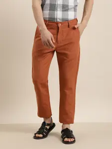 ether Men Rust Orange Solid Linen Cotton Trousers