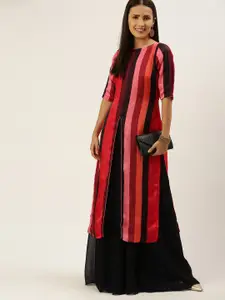 Ethnovog Women Multicoloured Striped Regular Kurta with Skirt