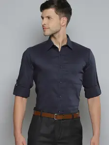 DENNISON Men Navy Blue Smart Slim Fit Stretchable Lycra Formal Shirt
