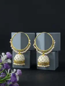 Golden Peacock White & Gold-Toned Circular Jhumkas Earrings