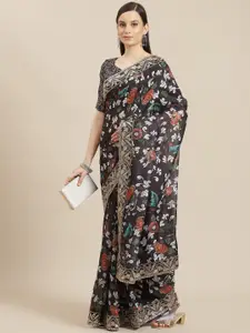 Saree mall Black & Off White Floral Embroidered Sarees