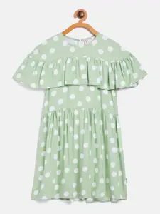 Crimsoune Club Green Polka Dots Round Neck Fit and Flare Dress