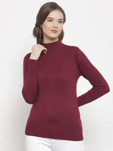 Mafadeny Women Maroon Solid Turtle Neck Knitted Pullover