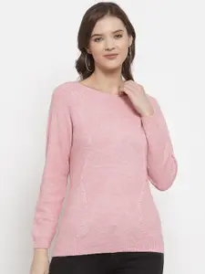 Mafadeny Women Pink Open Knit Self Design Pullover