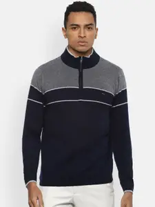 Van Heusen Men Navy Blue & Grey Colourblocked Pure Cotton Pullover
